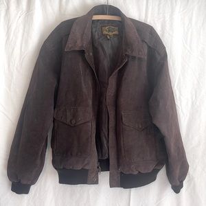 Global Identity XL Men’s chocolate brown suede bomber jacket. Lightly worn.
